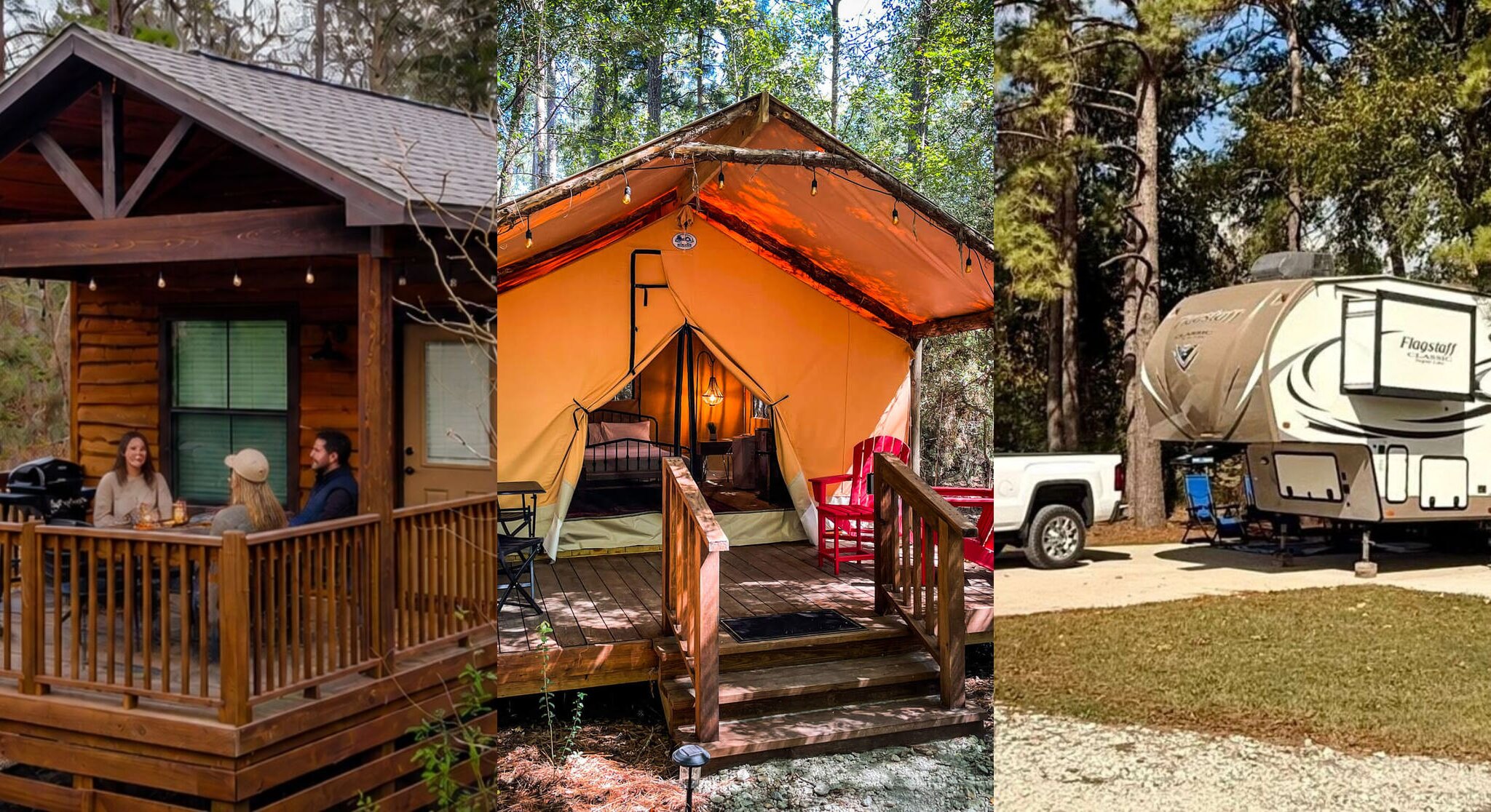 Cabin, glamping tent, and RV lodging options at Two Creeks Crossing Resort near Houston