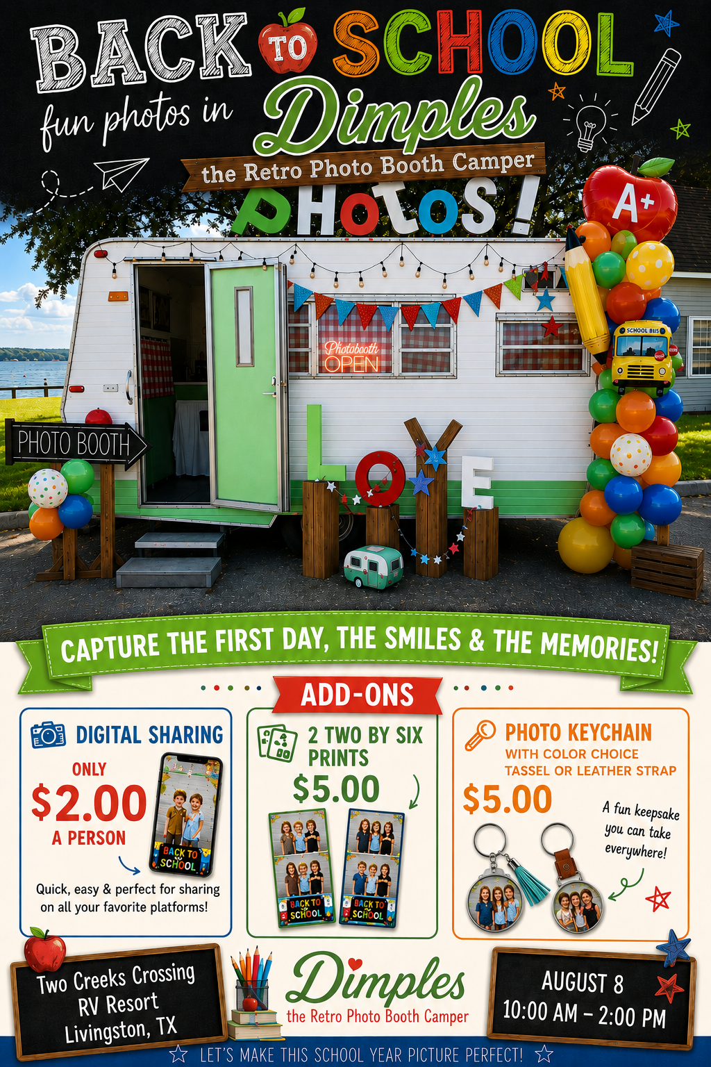 original-F5FF056D-8ABC-4DE6-AD8D-5A36014253BC 1 Promotional poster for 'Back to School Dimples' retro photo booth camper with colorful balloons and signage.