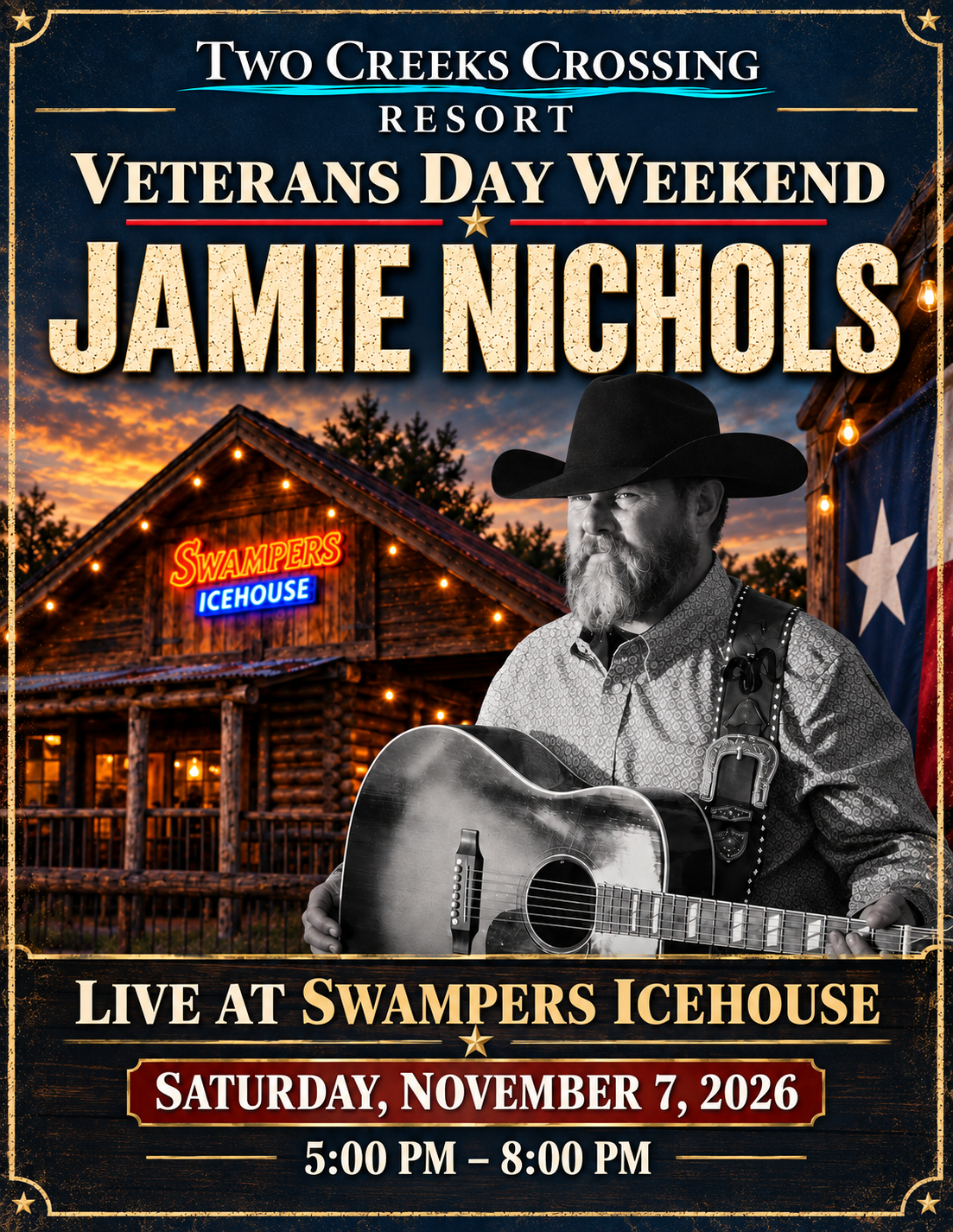 03-ImageGen-Jamie-Nichols-at-Swampers-85×11 Event poster: Jamie Nichols live at Swampers Icehouse, Nov 7, 2026, 5–8 PM; cowboy guitarist in front of a rustic lodge.