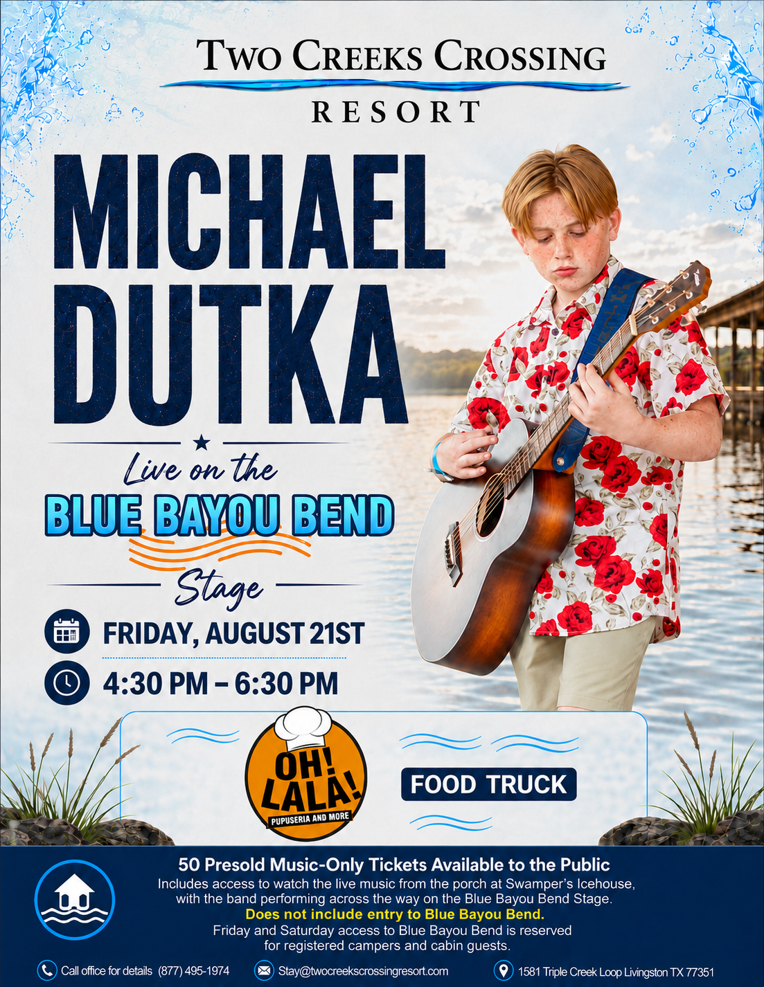 08-21-26 Michael Dutka Poster advertising Michael Dutka live on the Blue Bayou Bend stage at Two Creeks Crossing Resort, Friday Aug 21, 4:30–6:30 PM.