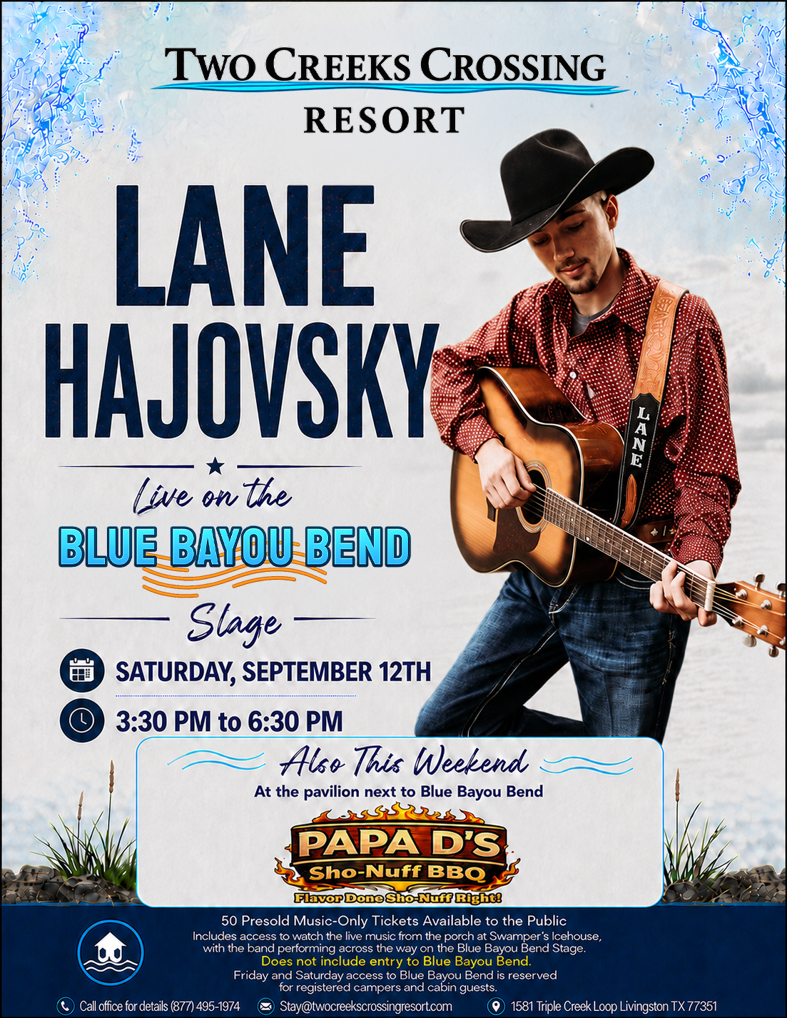Concert poster for Lane Hajovsky performing live at Blue Bayou Bend; guitarist in a black hat beside bold event text at Two Creeks Crossing Resort.