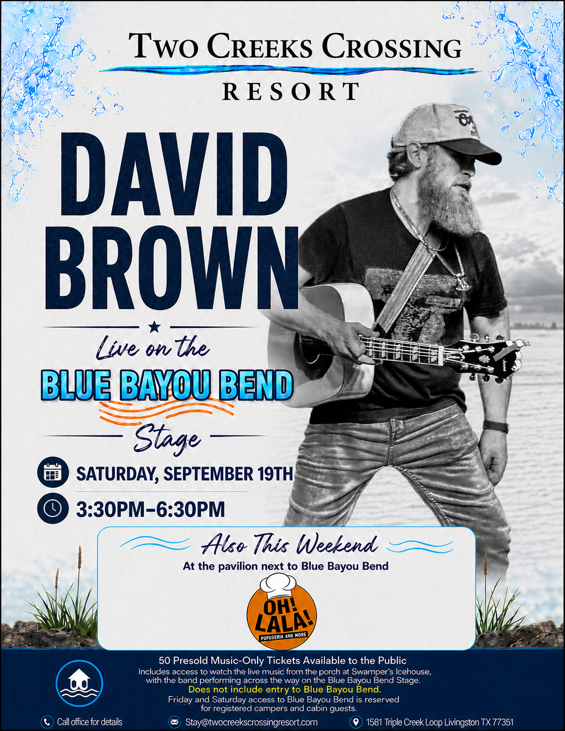 09-19-26 David Brown Poster for David Brown live at Blue Bayou Bend on the Blue Bayou Bend Stage, Saturday, Sept 19, 3:30–6:30 PM