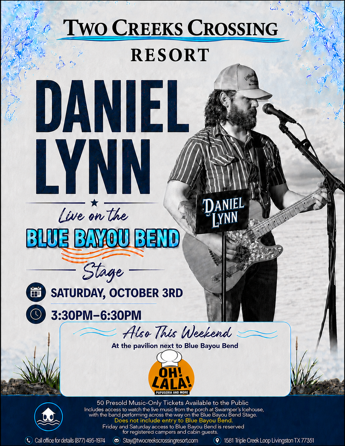 Poster advertising Daniel Lynn live on the Blue Bayou Bend Stage at Two Creeks Crossing Resort, Saturday October 3, 3:30–6:30 PM.