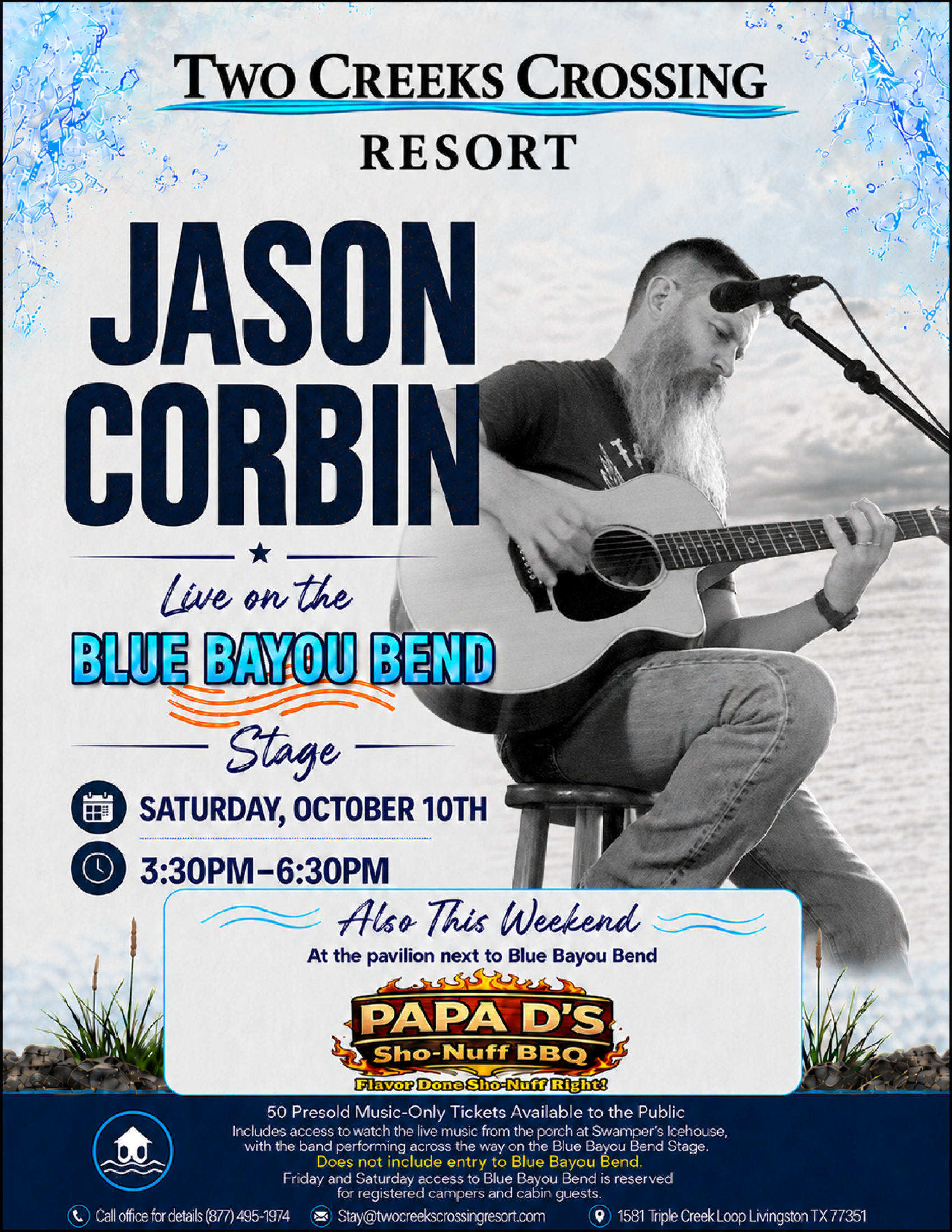 Promotional poster for Two Creeks Crossing Resort announcing live music by Jason Corbin at the Blue Bayou Bend stage, Saturday October 10.