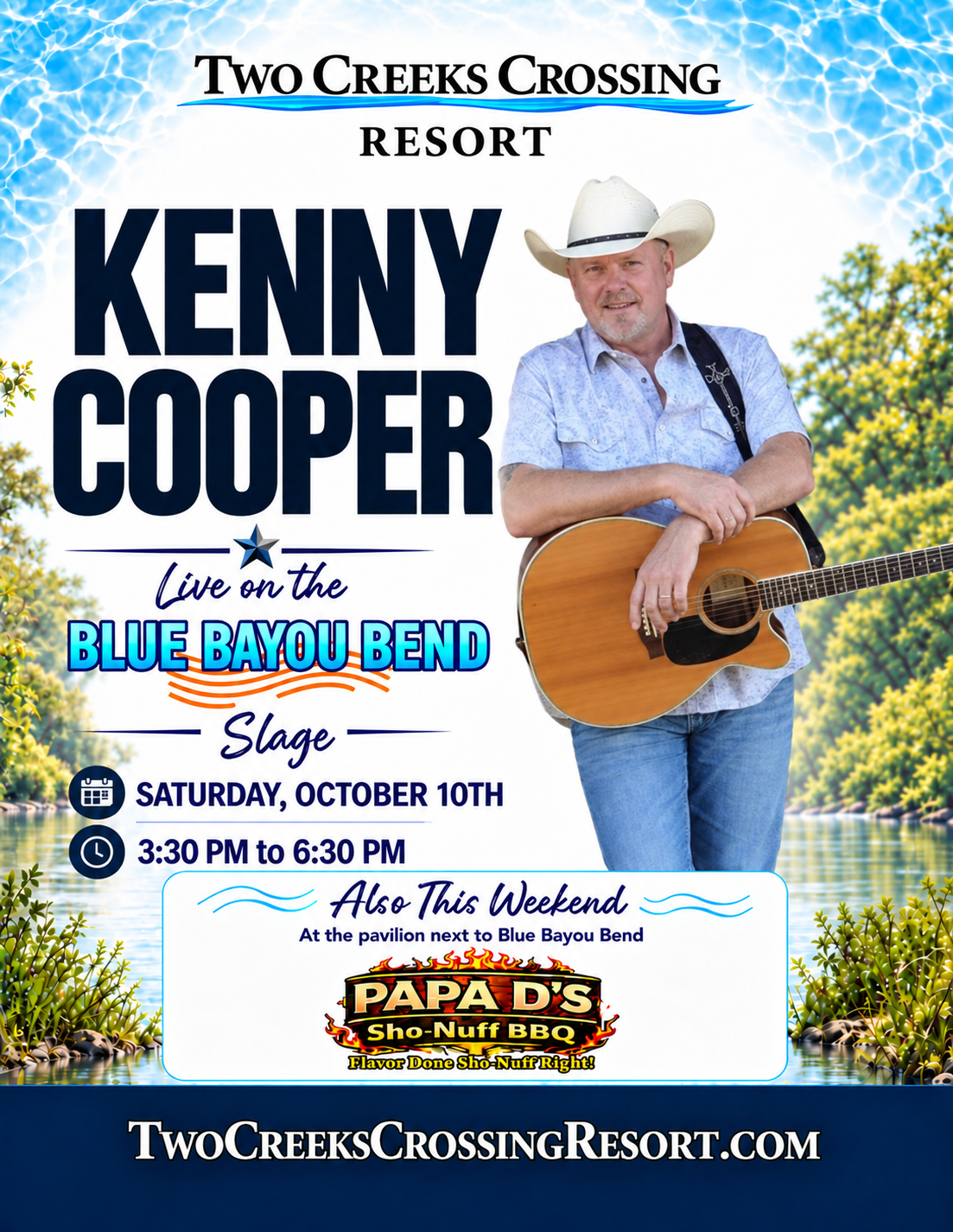 10-10-26 Kenny Cooper Promotional poster: Kenny Cooper performing live at Blue Bayou Bend, Two Creeks Crossing Resort, with date and time details for a Saturday event.