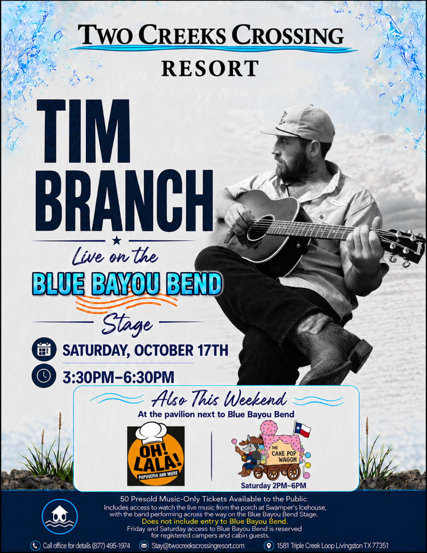 10-17-26 Tim Branch Two Creeks Crossing Resort poster featuring Tim Branch performing live on the Blue Bayou Bend, Saturday, October 17th, 3:30–6:30 PM at the pavilion next to Blue Bayou Bend.