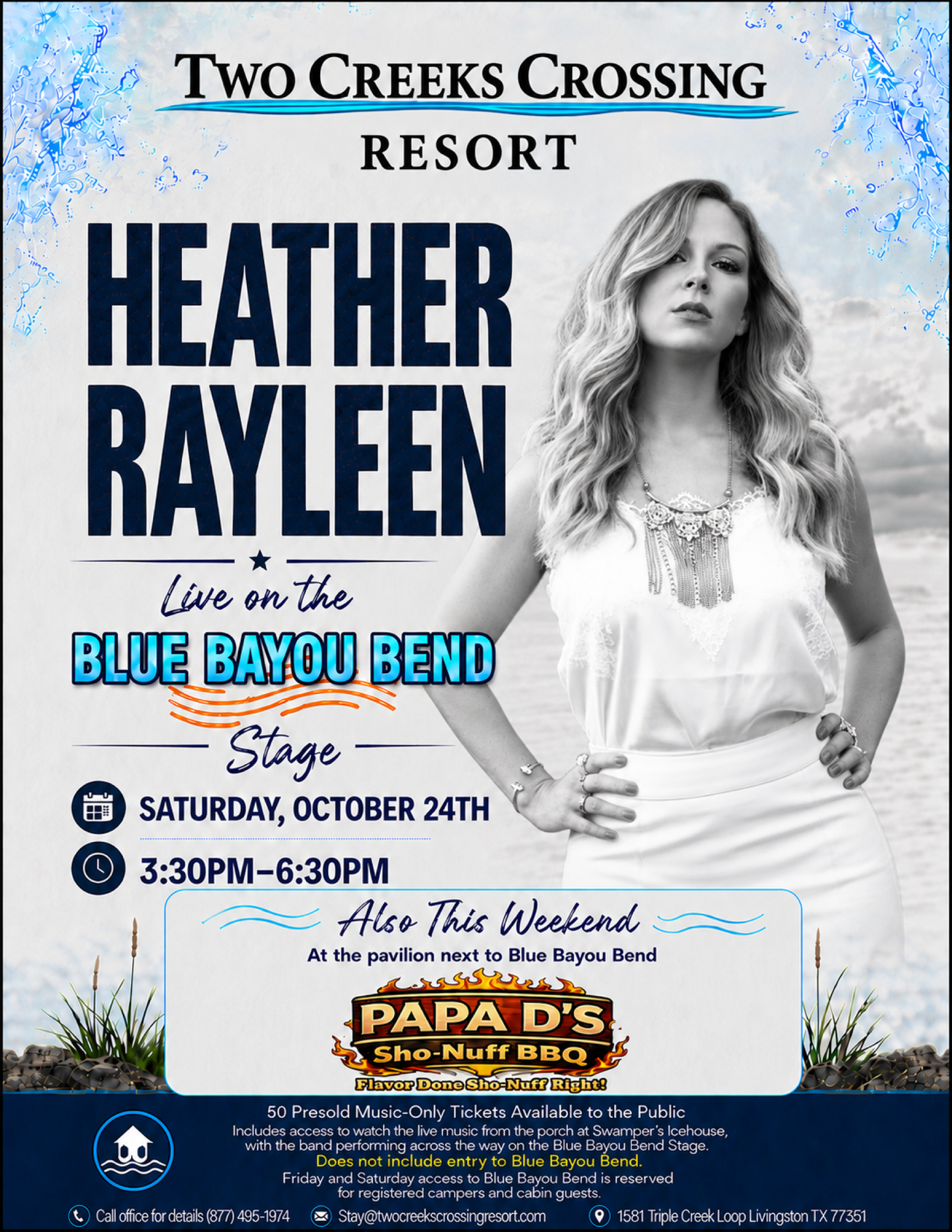 Promotional poster for Two Creeks Crossing Resort featuring the performer Heather Rayleen, with event details and the Blue Bayou Bend stage, plus sponsor logos at the bottom.