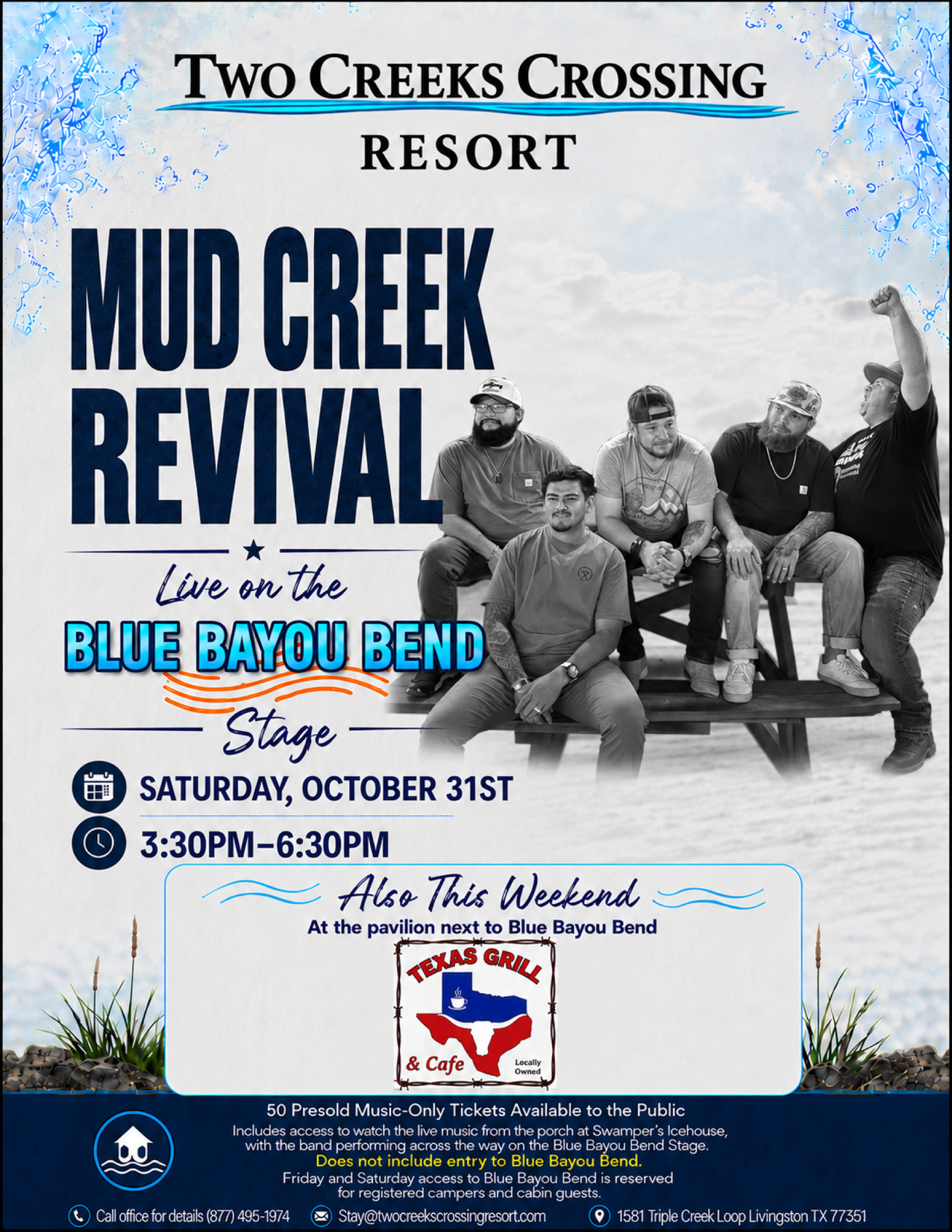 10-31-26 Mud Creek Revival Poster for Two Creeks Crossing Resort promoting Mud Creek Revival concert with a seated group photo; event date Saturday, October 31; 3:30 PM–6:30 PM at Blue Bayou Bend Stage, plus sponsor logos and text.