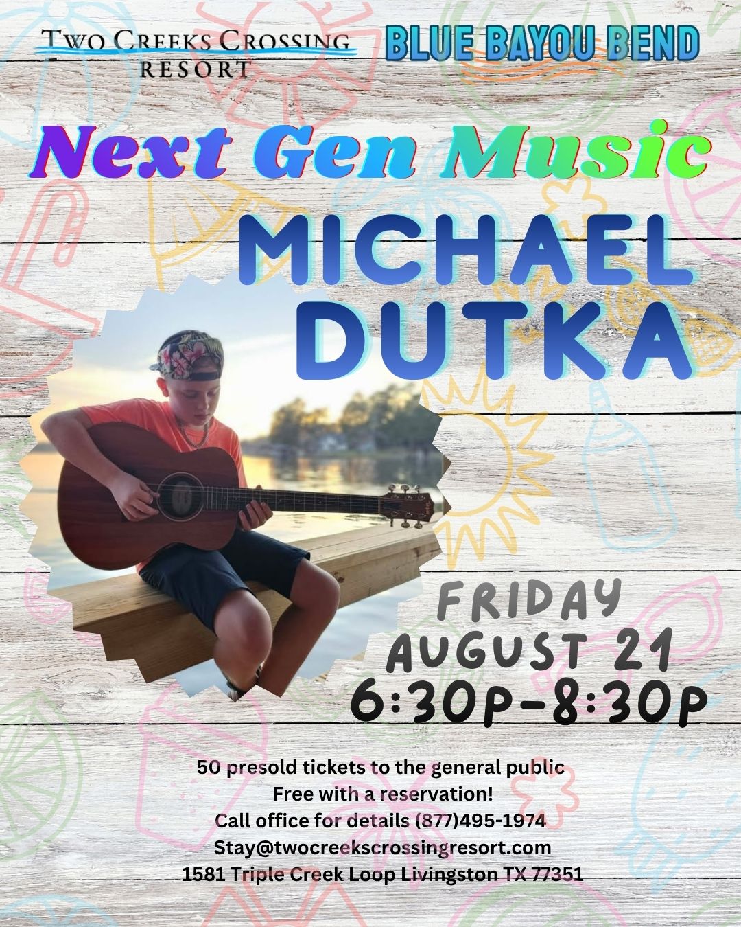 Michael Dutka 82126 Event poster for 'Next Gen Music' featuring Michael Dutka playing an acoustic guitar by a wooden-textured background; contains date, time, and venue details.