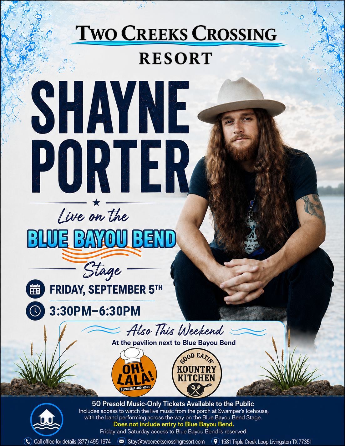 Concert poster for Shayne Porter at Two Creeks Crossing Resort—Live on the Blue Bayou Bend stage, Friday Sept 5, 3:30–6:30 PM, with logos and decorative water design.