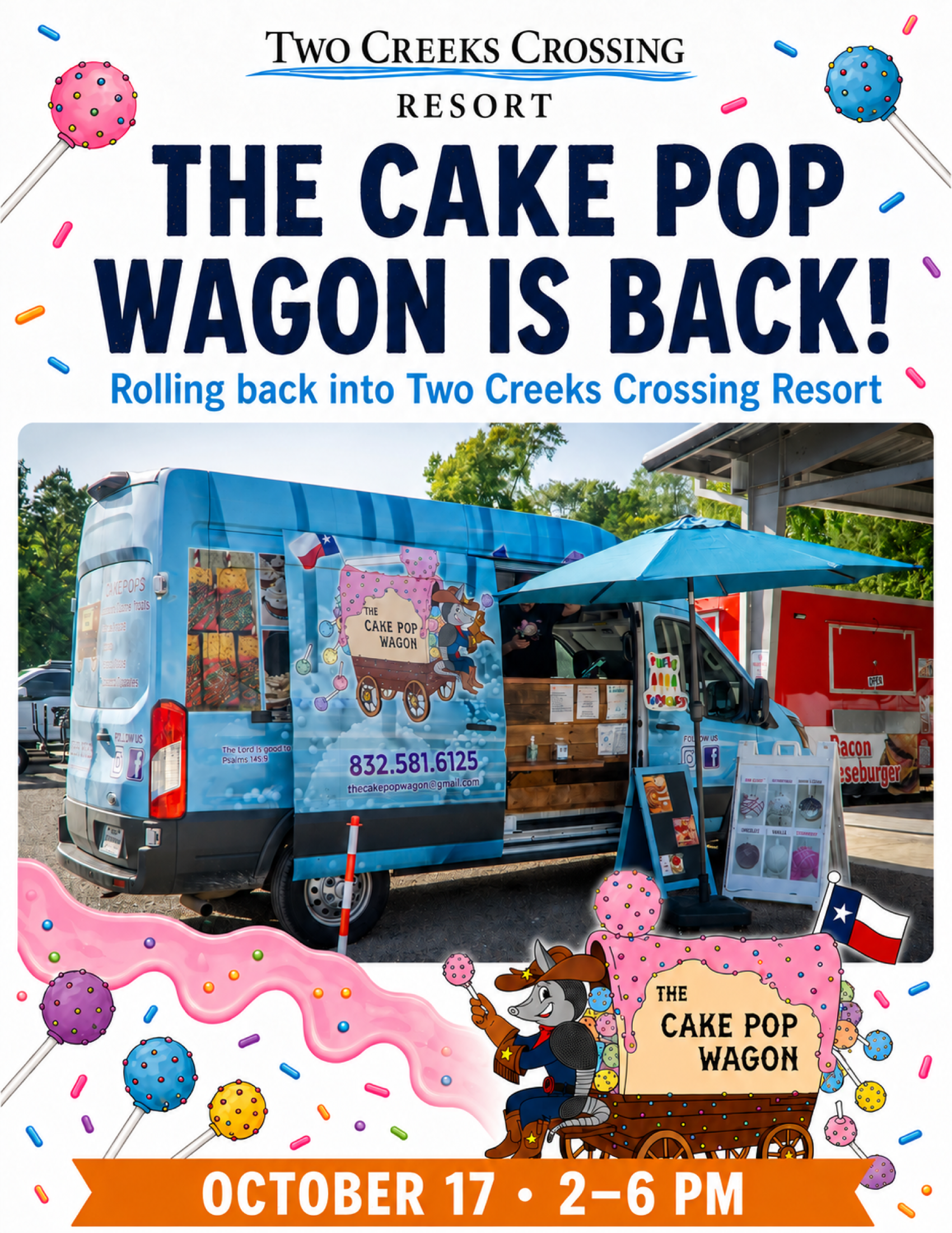Promotional banner for The Cake Pop Wagon at Two Creeks Crossing Resort with colorful cake pops and event date October 17, 2–6 PM.