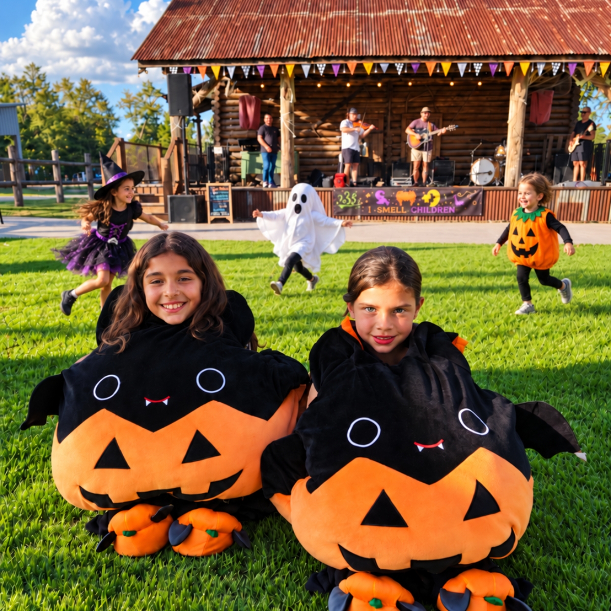 Kids, adults and dogs in Halloween costumes at Two Creeks Crossing Resort