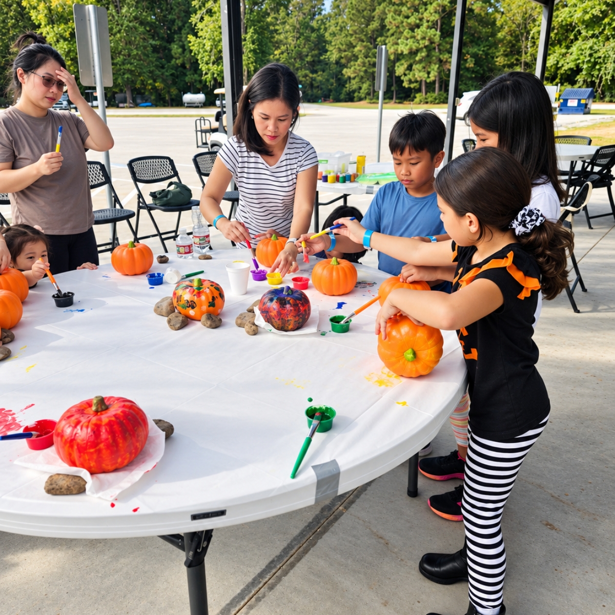 Families playing fall festival games at Two Creeks Crossing Resort