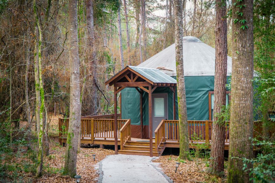 Climate-controlled yurt at Two Creeks Crossing Resort near Lake Livingston