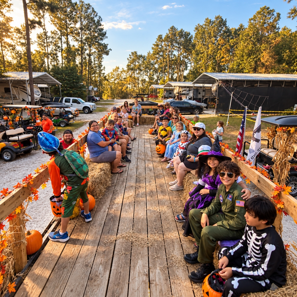 Families on a hayride and kids trick-or-treating at Two Creeks Crossing Resort