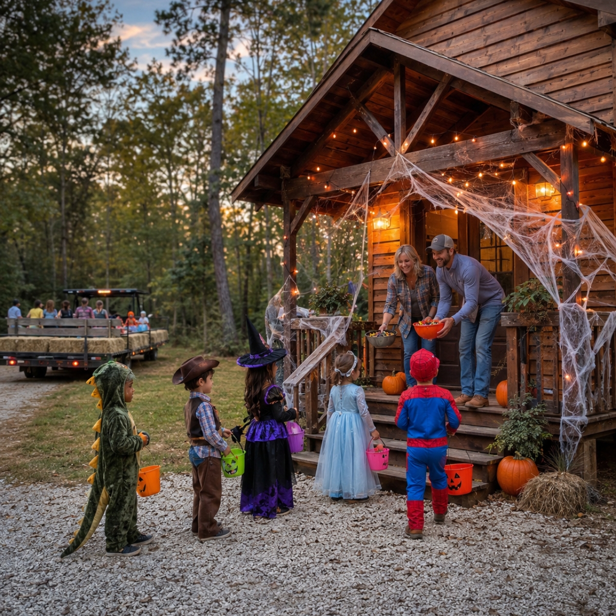 Campsite decorated for Halloween at Two Creeks Crossing Resort