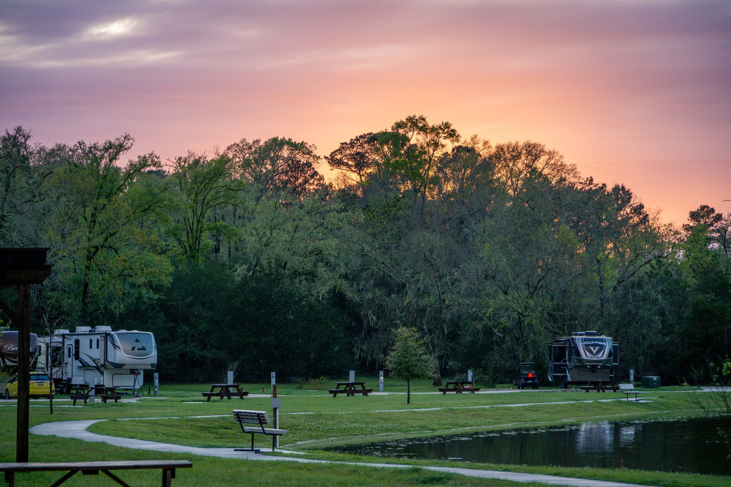 RV sites beside the creek at sunset RV sites beside the creek at sunset